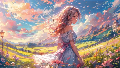 A stunning wide view image of an anime Young woman looking at the vast plain, countless of grass and colorful flowers, dreamlike...