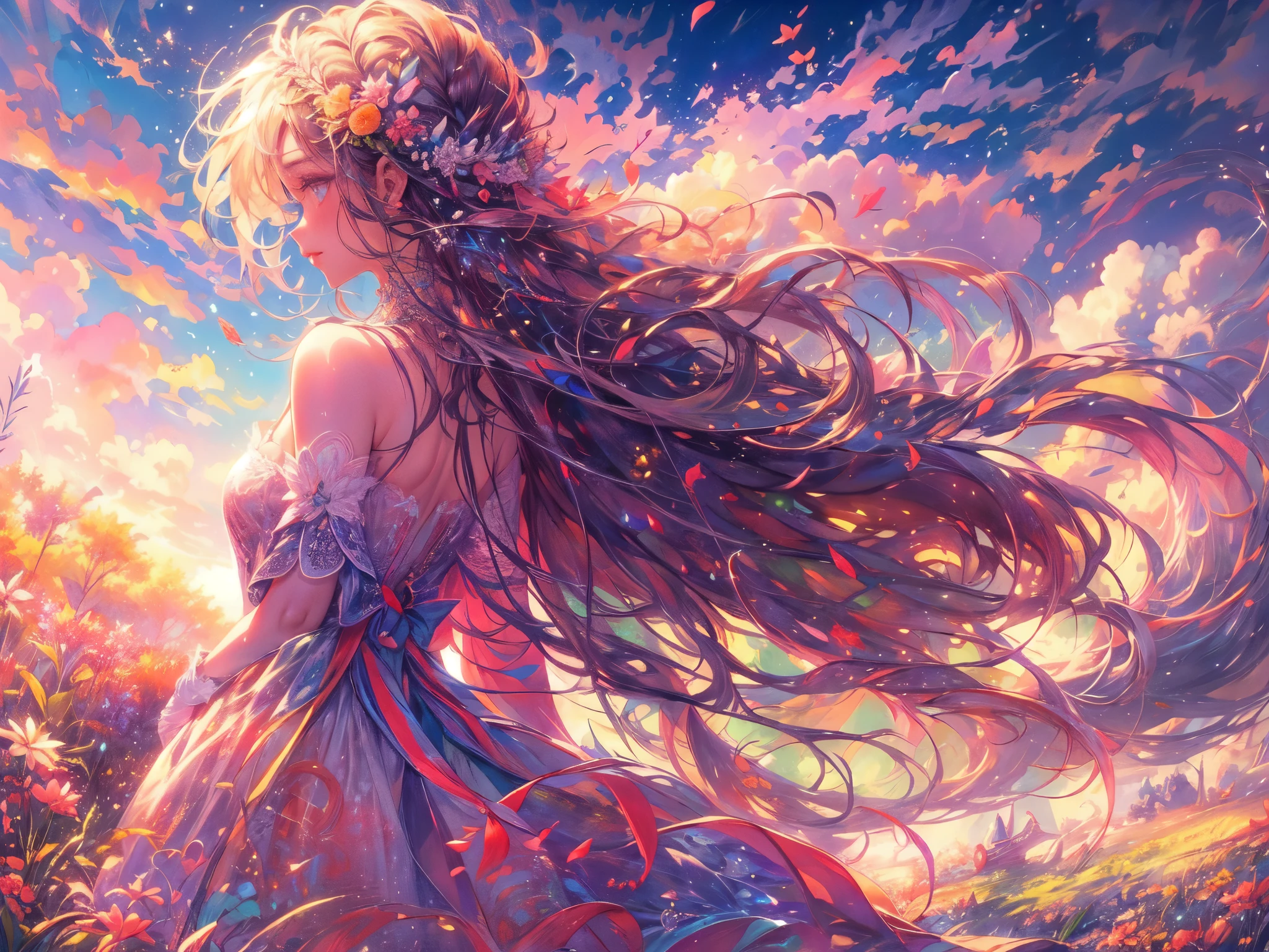 A stunning wide view image of an anime Young woman looking at the vast plain, countless of grass and colorful flowers, dreamlike sky, fluffy clouds, vibrant sunset colors, gentle breeze blowing through her hair, from behind , elegant flowing dress, surrounded by a peaceful and enchanting atmosphere, soft natural light illuminating the scene, creating a magical and surreal ambiance. (best quality, ultra-detailed, photorealistic:1.37), anime style, pastel color palette, ethereal lighting