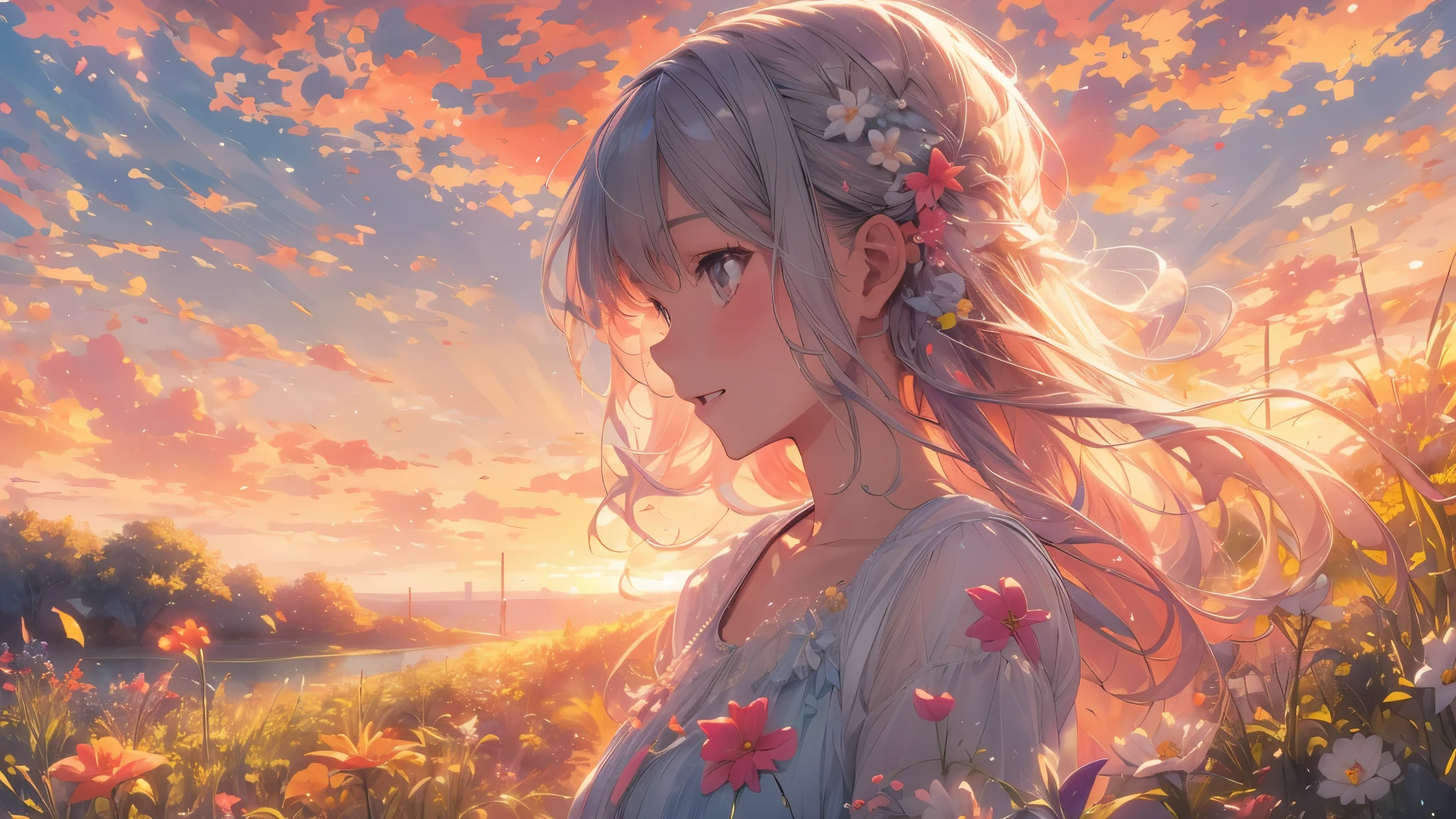 A stunning wide view image of an anime Young woman looking at the vast plain, countless of grass and colorful flowers, dreamlike sky, fluffy clouds, vibrant sunset colors, gentle breeze blowing through her hair, radiant smile on her face, elegant flowing dress, surrounded by a peaceful and enchanting atmosphere, soft natural light illuminating the scene, creating a magical and surreal ambiance. (best quality, ultra-detailed, photorealistic:1.37), anime style, pastel color palette, ethereal lighting