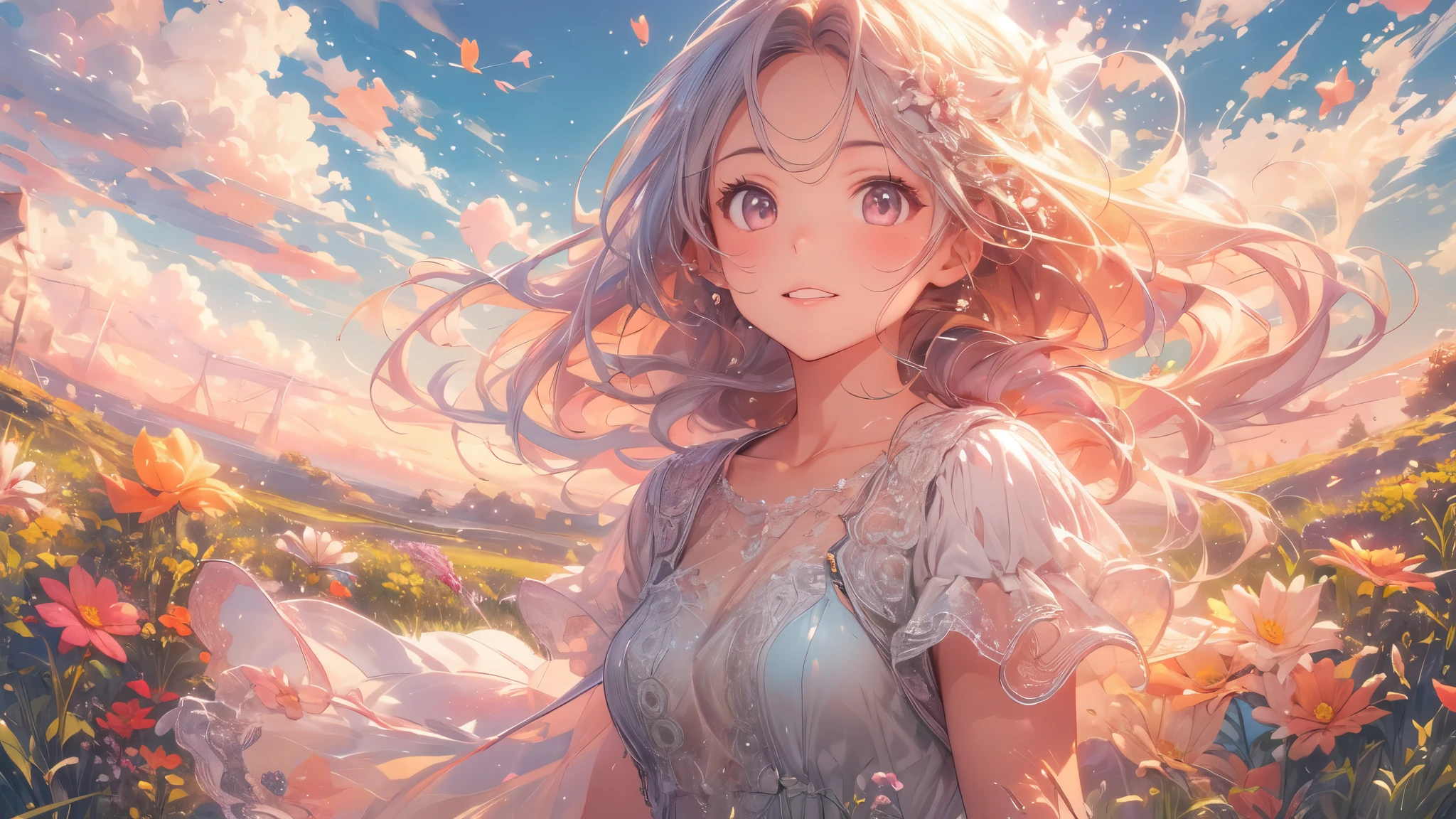 A stunning wide view image of an anime Young woman looking at the vast plain, countless of grass and colorful flowers, dreamlike sky, fluffy clouds, vibrant sunset colors, gentle breeze blowing through her hair, radiant smile on her face, elegant flowing dress, surrounded by a peaceful and enchanting atmosphere, soft natural light illuminating the scene, creating a magical and surreal ambiance. (best quality, ultra-detailed, photorealistic:1.37), anime style, pastel color palette, ethereal lighting