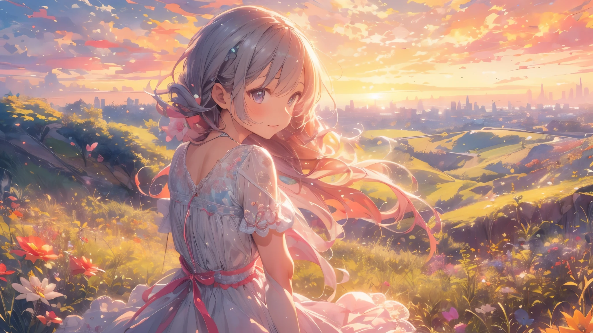 A stunning wide view image of an anime Young woman looking at the vast plain, countless of grass and colorful flowers, dreamlike sky, fluffy clouds, vibrant sunset colors, gentle breeze blowing through her hair, radiant smile on her face, elegant flowing dress, surrounded by a peaceful and enchanting atmosphere, soft natural light illuminating the scene, creating a magical and surreal ambiance. (best quality, ultra-detailed, photorealistic:1.37), anime style, pastel color palette, ethereal lighting