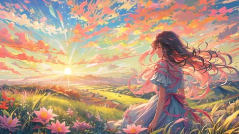 A stunning wide view image of an anime Young woman looking at the vast plain, countless of grass and colorful flowers, dreamlike...