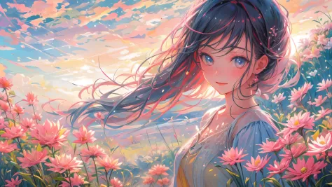 A stunning wide view image of an anime Young woman looking at the vast plain, countless of grass and colorful flowers, dreamlike...