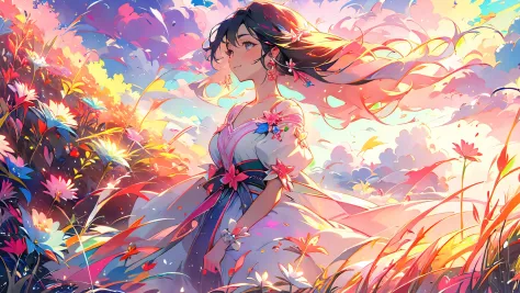 A stunning wide view image of an anime Young woman looking at the vast plain, countless of grass and colorful flowers, dreamlike...