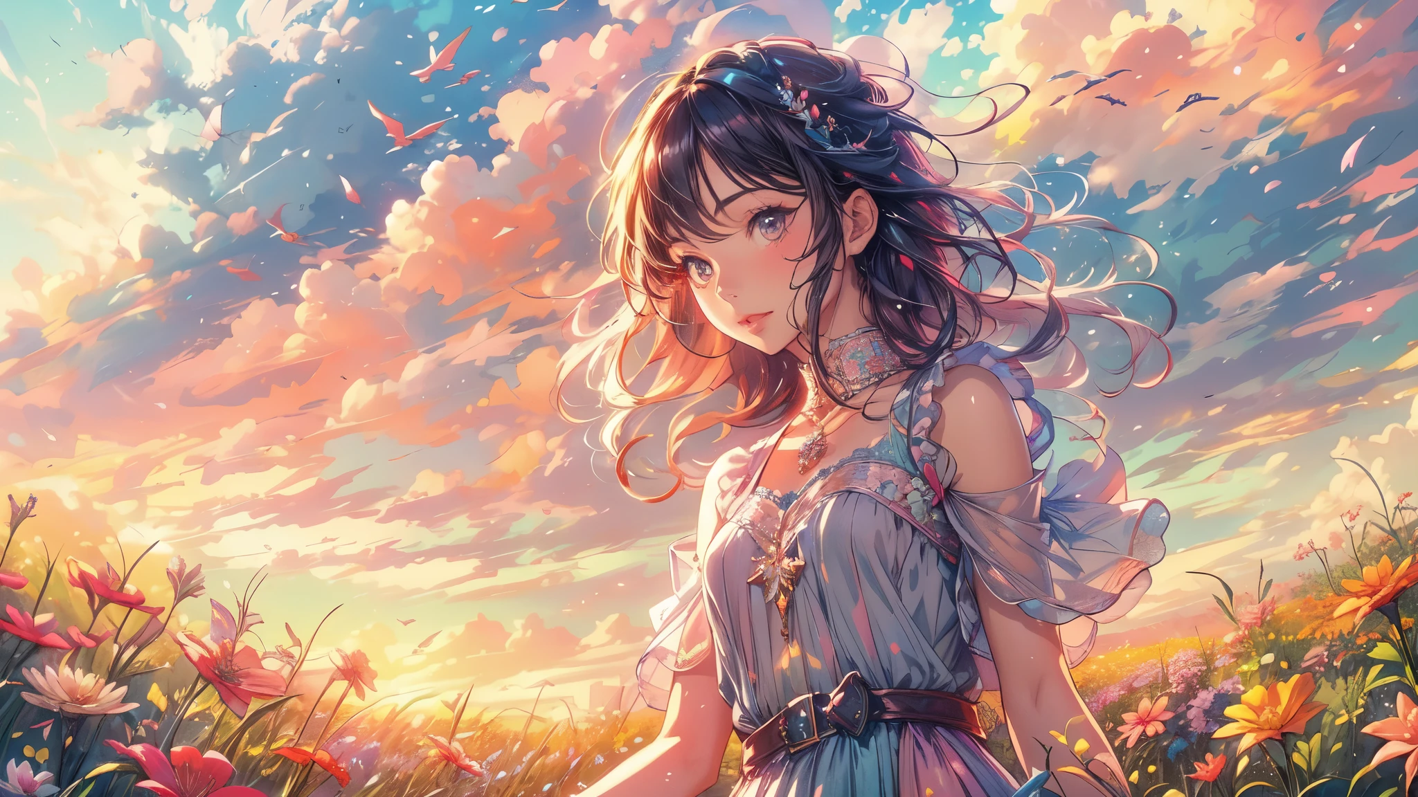 A stunning wide view image of an anime Young woman looking at the vast plain, countless of grass and colorful flowers, dreamlike sky, fluffy clouds, vibrant sunset colors, gentle breeze blowing through her hair, radiant smile on her face, elegant flowing dress, surrounded by a peaceful and enchanting atmosphere, soft natural light illuminating the scene, creating a magical and surreal ambiance. (best quality, ultra-detailed, photorealistic:1.37), anime style, pastel color palette, ethereal lighting