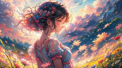 A stunning wide view image of an anime Young woman looking at the vast plain, countless of grass and colorful flowers, dreamlike...