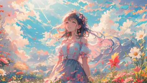 A stunning wide view image of an anime Young woman looking at the vast plain, countless of grass and colorful flowers, dreamlike...