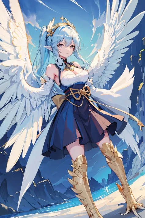 4K,High resolution,one woman,harpy,light blue hair,long ponytail,big breasts,white wings,golden toenails,goddess,goddessのドレス,win...