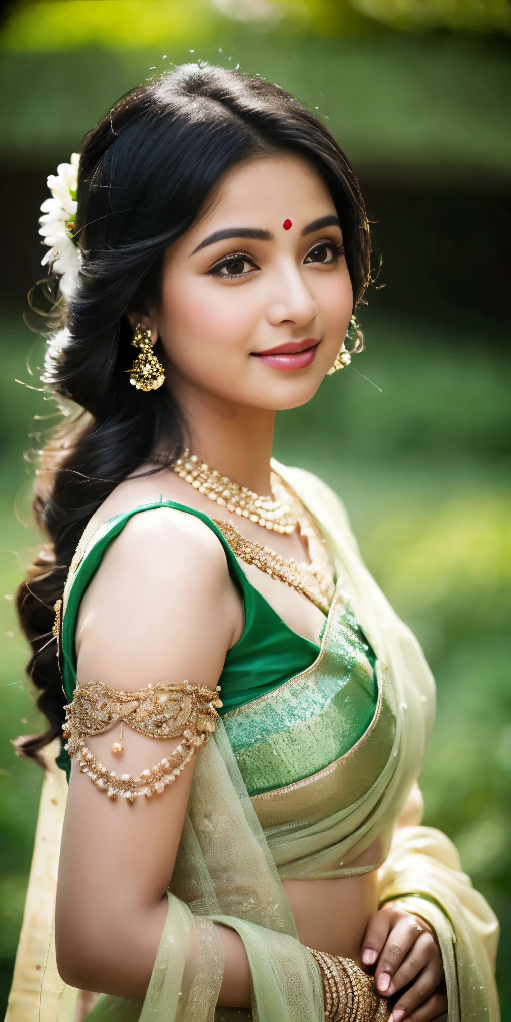 (((desi girl))), chubby face, natural skin, wearing bhue bridal saree, charming black hair, ((hair ends are blonde)), greenary village background, bokeh