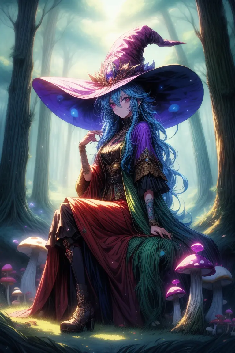 blue haired witch princess with green eyes - SeaArt Al - бесплатный  генератор искусства ИИ