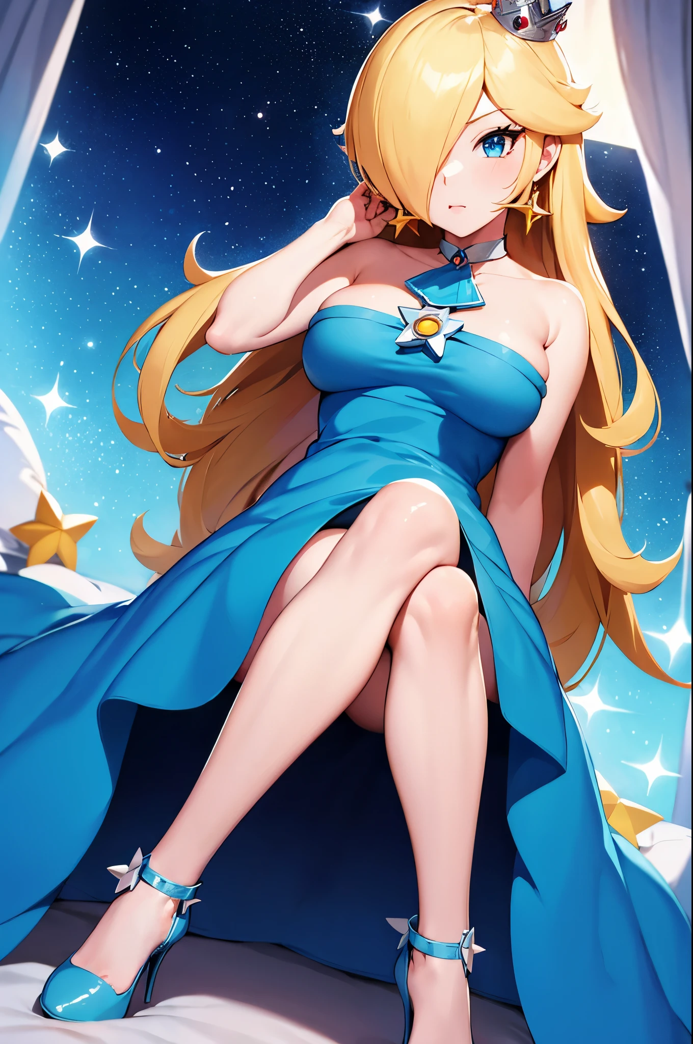 (masterpiece), best quality, expressive eyes, perfect face, highres, 1 girl, solo, rosalina, blonde hair, blue eyes, hair over one eye, long hair, blue dress, crown, dress, earrings, jewelry, princess, robe, heels, silver heels, bare shoulders, crossed legs, star earrings, space, starry background, glowing particles, good illumination, sitting, portrait, looking at the viewer