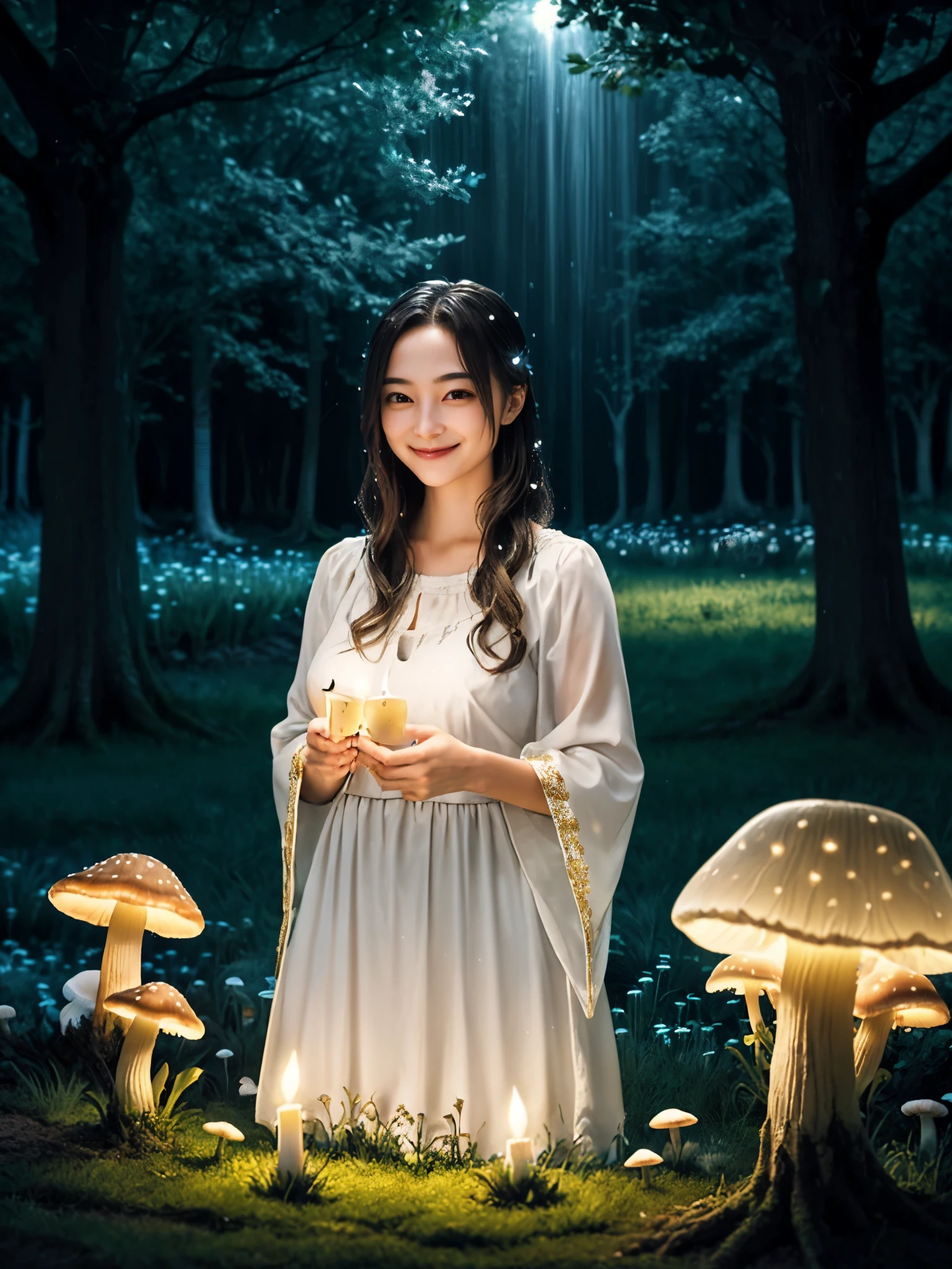 Beautiful girl, dress, very very long white straight hair, luminous flora, bio luminescence, super details, night, dark, bioluminescence mushrooms, fairy mushrooms, fairy trees, meadow, field, lanterns, candles, light, lake, water, raindrops, waterstream, soap bubbles, huge mushrooms, best quality, 8k, high resolution, masterpiece, gold theme, warm light, smile, open eyes, closed mouth