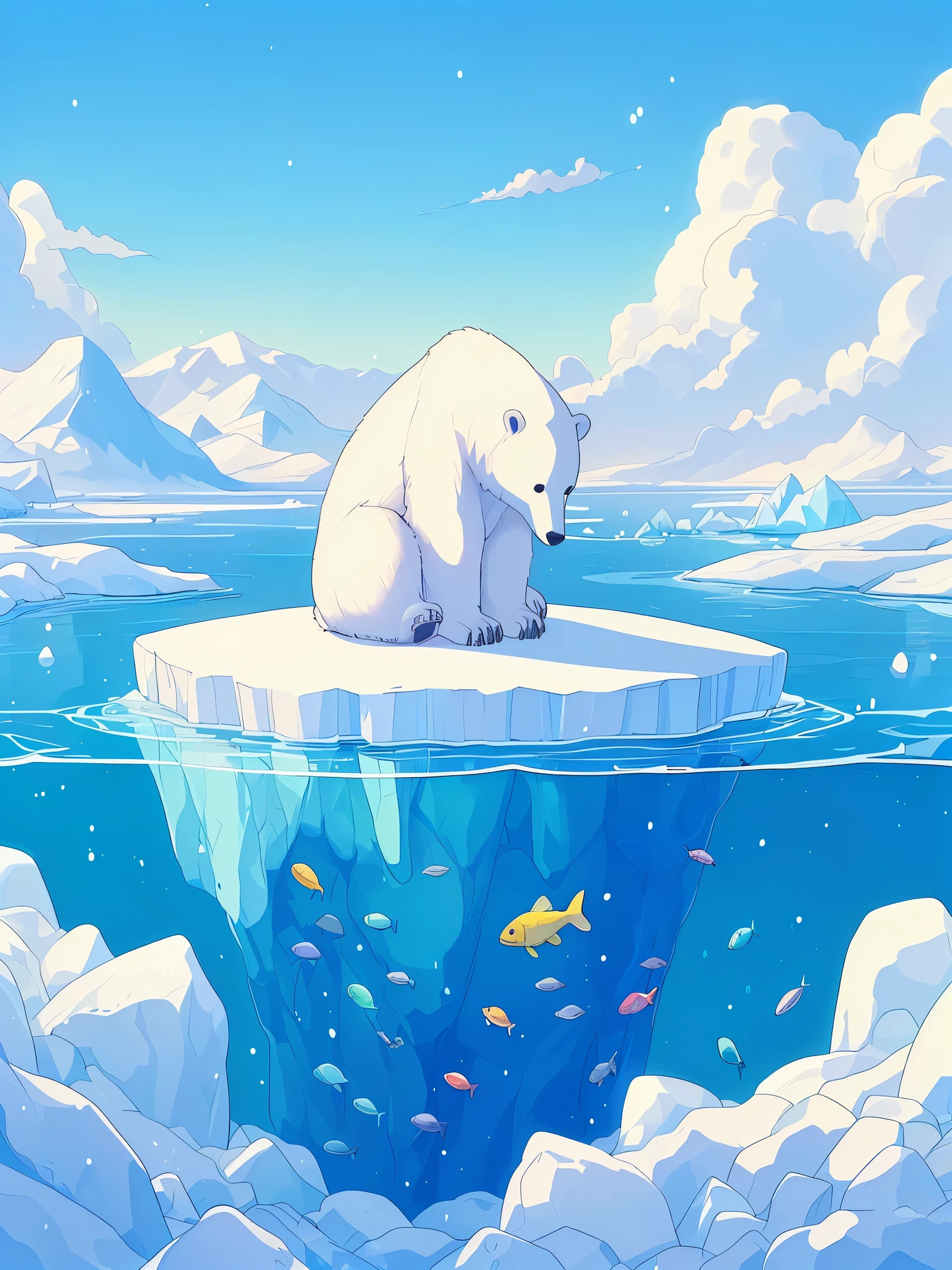 Dessinez une scène d&#39;art simple d&#39;anime d&#39;un ours polaire assis sur un petit iceberg à la recherche de poissons sous la calotte glaciaire, Arctique, beaux tons, ciel nuageux, Aucun humain, des tons de couleurs vibrants,