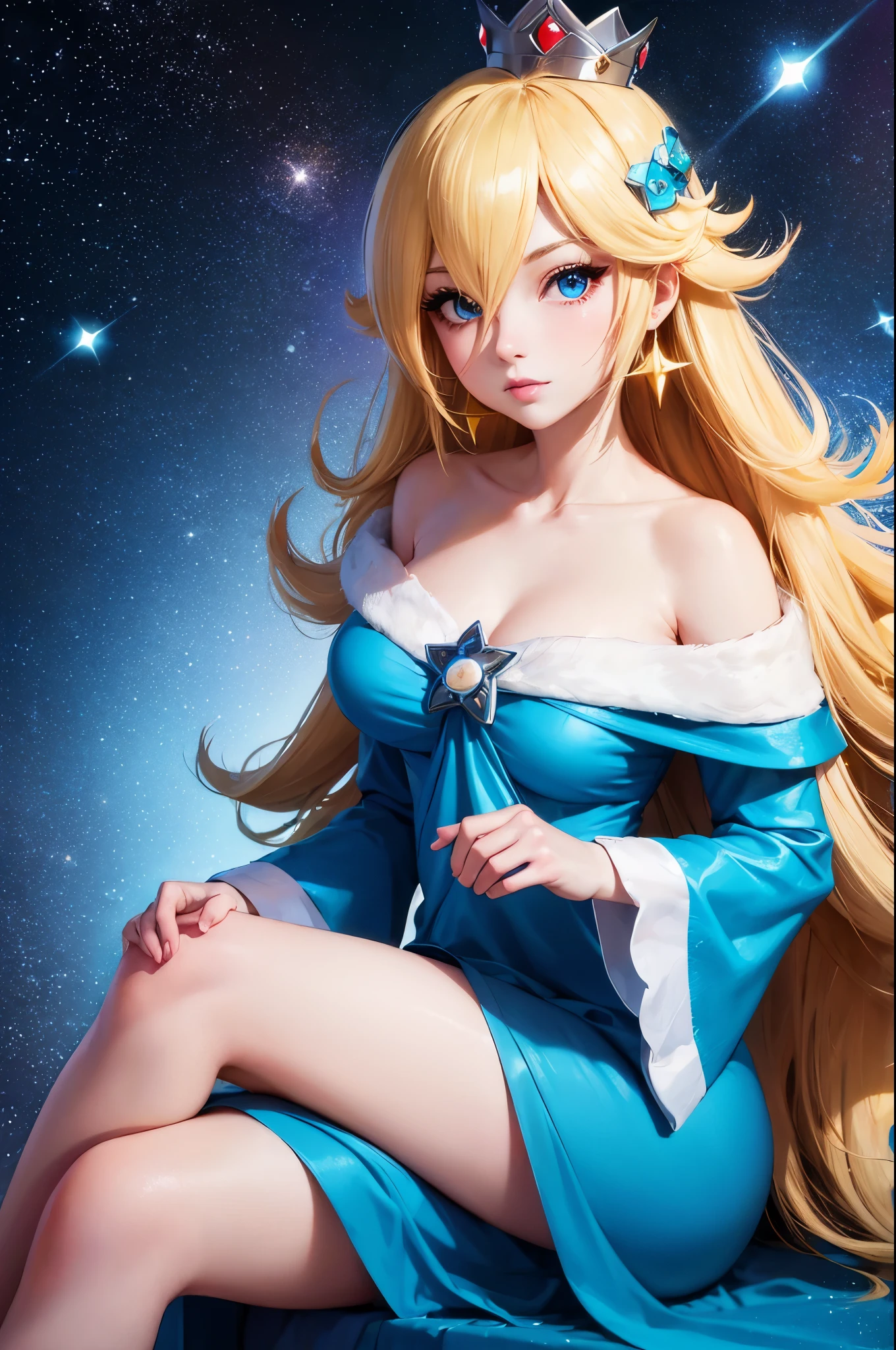 (masterpiece), best quality, expressive eyes, perfect face, highres, 1 girl, solo, rosalina, blonde hair, blue eyes, hair over one eye, long hair, blue dress, crown, dress, earrings, jewelry, princess, robe, bare shoulders, crossed legs, star earrings, space, starry background, glowing particles, good illumination, sitting, portrait, looking at the viewer