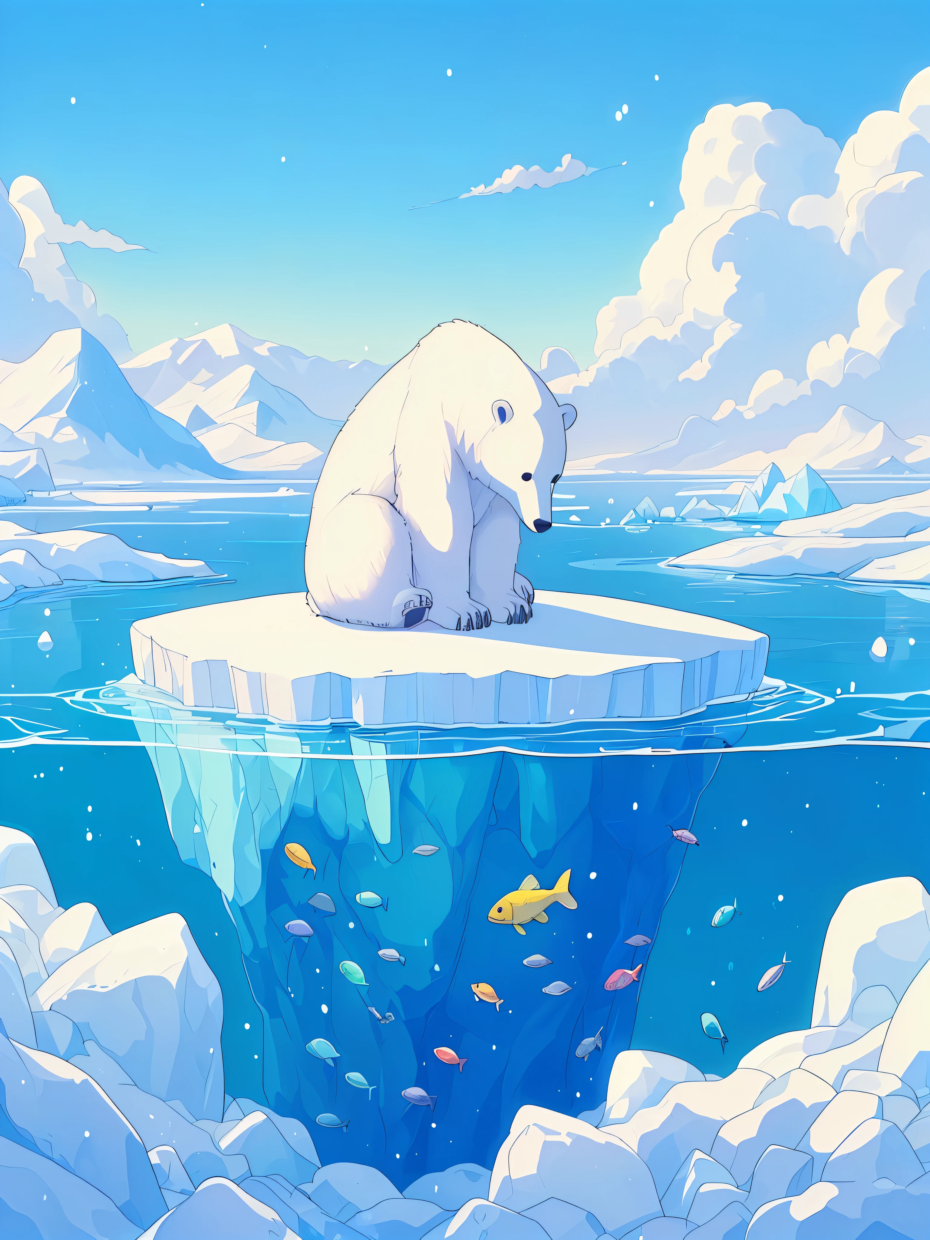 Dessinez une scène d&#39;art simple d&#39;anime d&#39;un ours polaire assis sur un petit iceberg à la recherche de poissons sous la calotte glaciaire, Arctique, beaux tons, ciel nuageux, Aucun humain, des tons de couleurs vibrants,