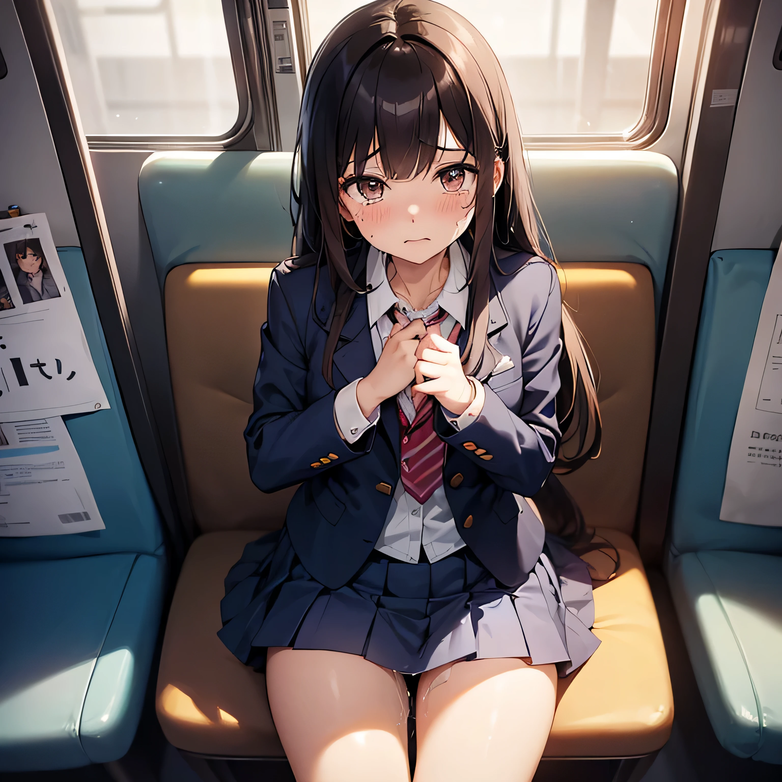 ((((muste piece, Top quality, best quality, 1 girl, solo, beautiful anime、detailed picture))))、(((17 years old、slender、thin thighs、normal chest、dark brown hair、straight、long hair、brown eyes、round eyes、Clear system、))),((((In a crowded train、blue sheet、Seats lined up parallel to the window)))、((navy blue blazer、navy blue skirt、、pink panties、flip up the skirt))、(((Sit in the seat、Are crying、shedding a large amount of tears、Climax、embarrassing、disgust、vibrator in underwear、masturbation、love juice overflows)))、NSFW、image from the knees up、