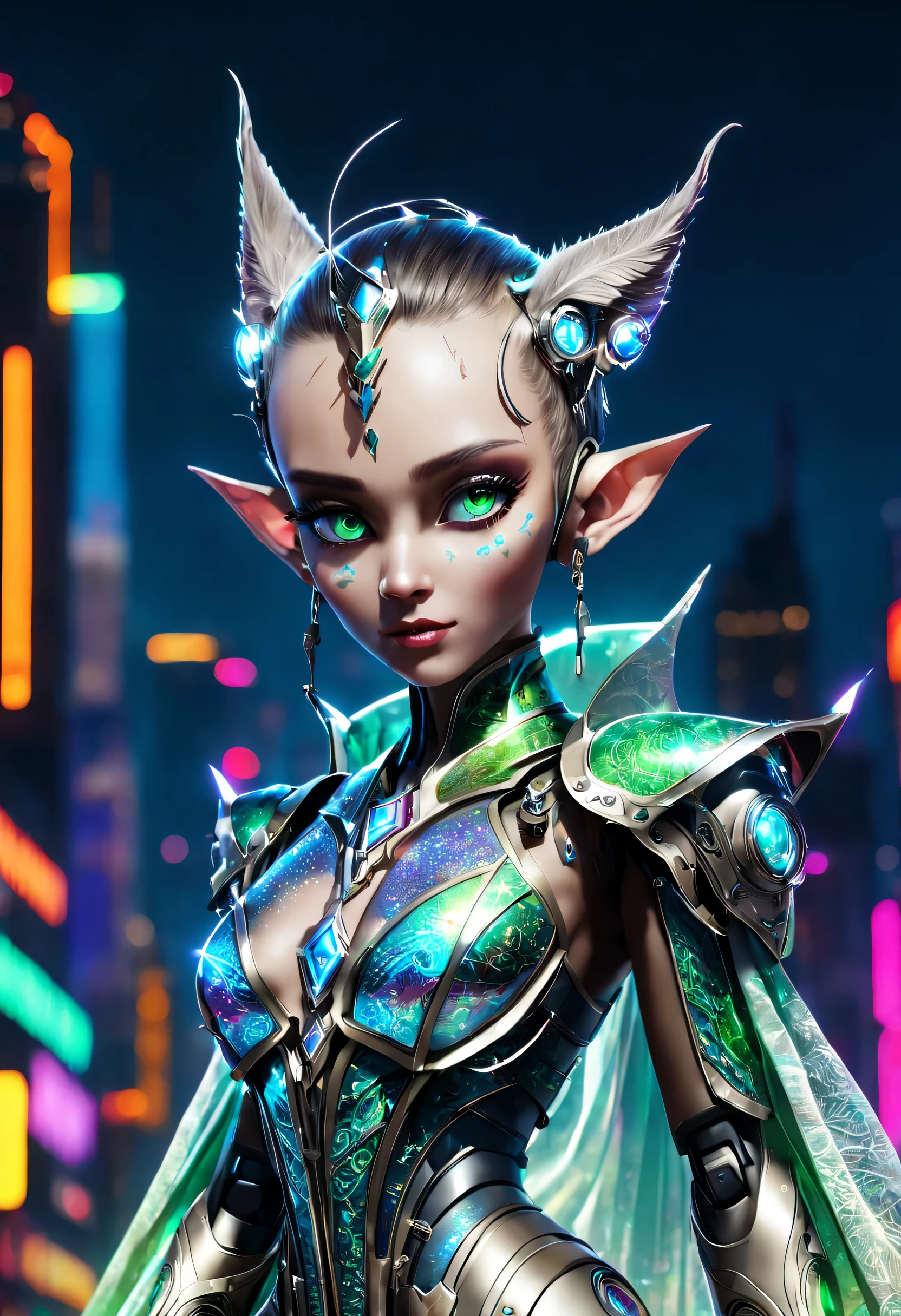 art by mooncryptowow, Futuristic elf with razor-sharp ears and glowing, technologically advanced eyes set against a backdrop of neon city lights, Draped in a shimmering, holographic robe imbued with intricate binary patterns, Symmetrical features, yet subtly glitched, showcasing the balance of advanced technology and organic elfin qualities, (highres:1.5), best quality, UHD, (masterpiece:1.5), 16k