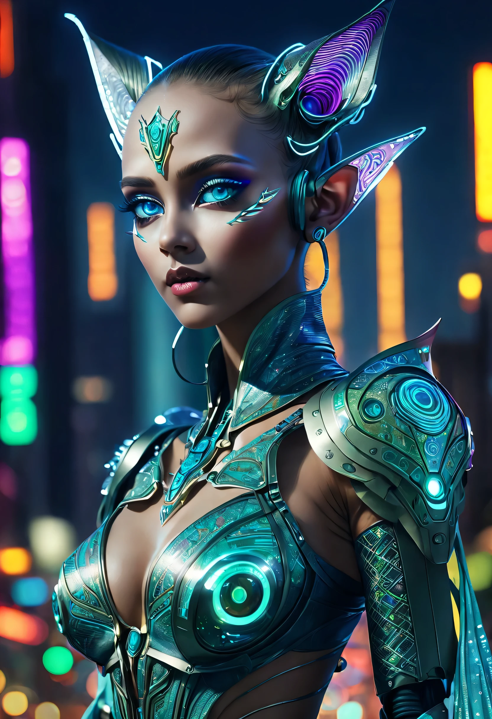 art by mooncryptowow, Futuristic elf with razor-sharp ears and glowing, technologically advanced eyes set against a backdrop of neon city lights, Draped in a shimmering, holographic robe imbued with intricate binary patterns, Symmetrical features, yet subtly glitched, showcasing the balance of advanced technology and organic elfin qualities, (highres:1.5), best quality, UHD, (masterpiece:1.5), 16k