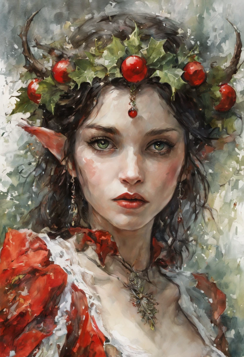 Beautiful Long-ears elf queen green eyes in red- white Christmas dress , enchanted forest background, dark hair, fantasy, intricate details, hyper detailed, Jean Baptiste Monge, Carne Griffiths, Michael Garmash, seb McKinnon, masterpiece