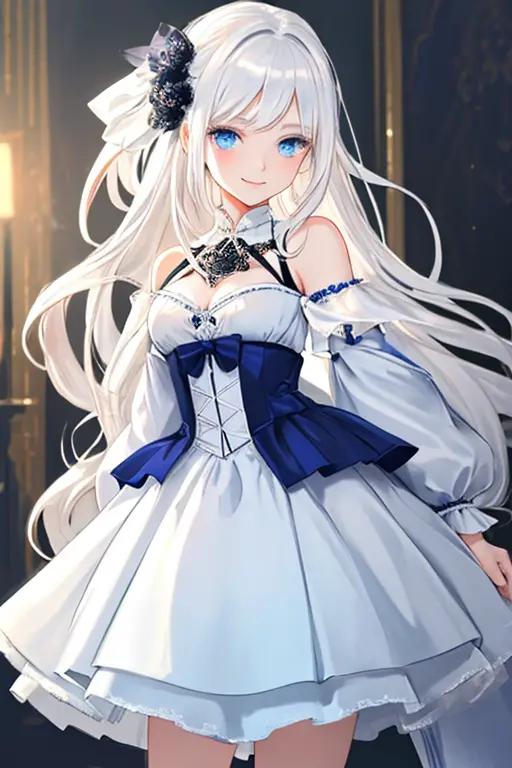 "create a highly detailed and beautiful anime image of a solo girl with white hair and blue eyes, wearing a stylish and elegant ...