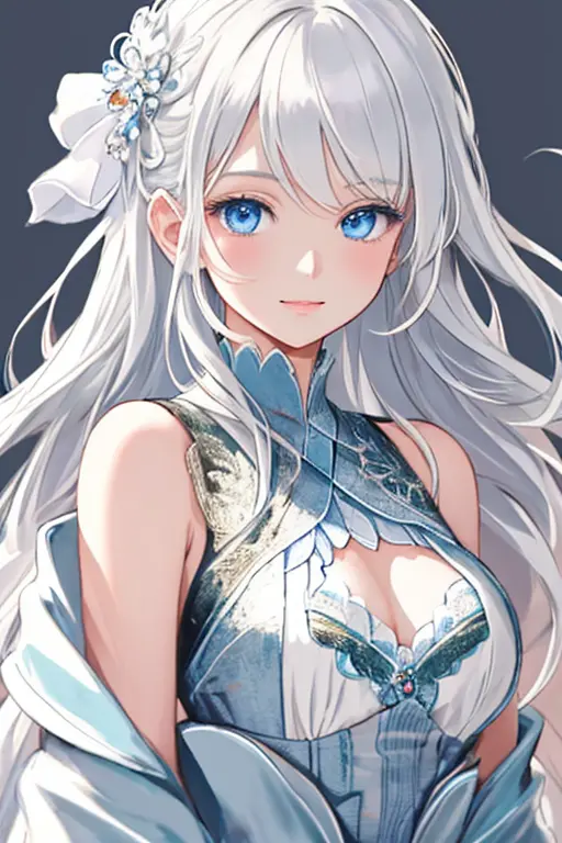 "create a highly detailed and beautiful anime image of a solo girl with white hair and blue eyes, wearing a stylish and elegant ...