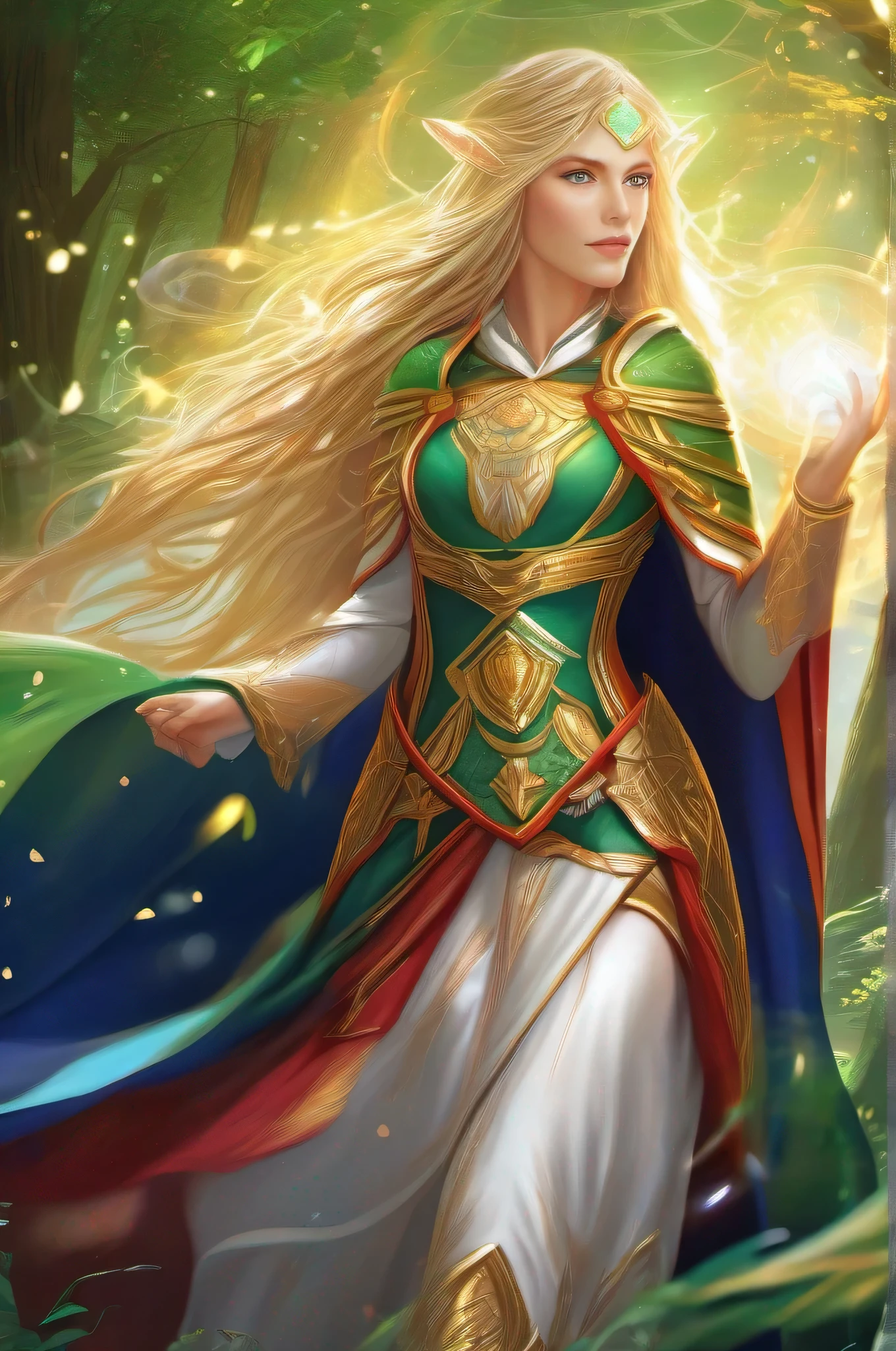 A photo of a blonde, blue-eyed cute Wizard girl standing on a moonlit night. A colorful, sparkling halo appears and colors the scene. She wears a wizard hat with gold embroidery and luxurious blue robes, creating a mysterious atmosphere, blue moon, hyper detailed, ultra detailed, (Ultra high saturation, bright and vivid colors), (best quality, masterpiece, Representative work, official art, Professional, 8k:1.3)