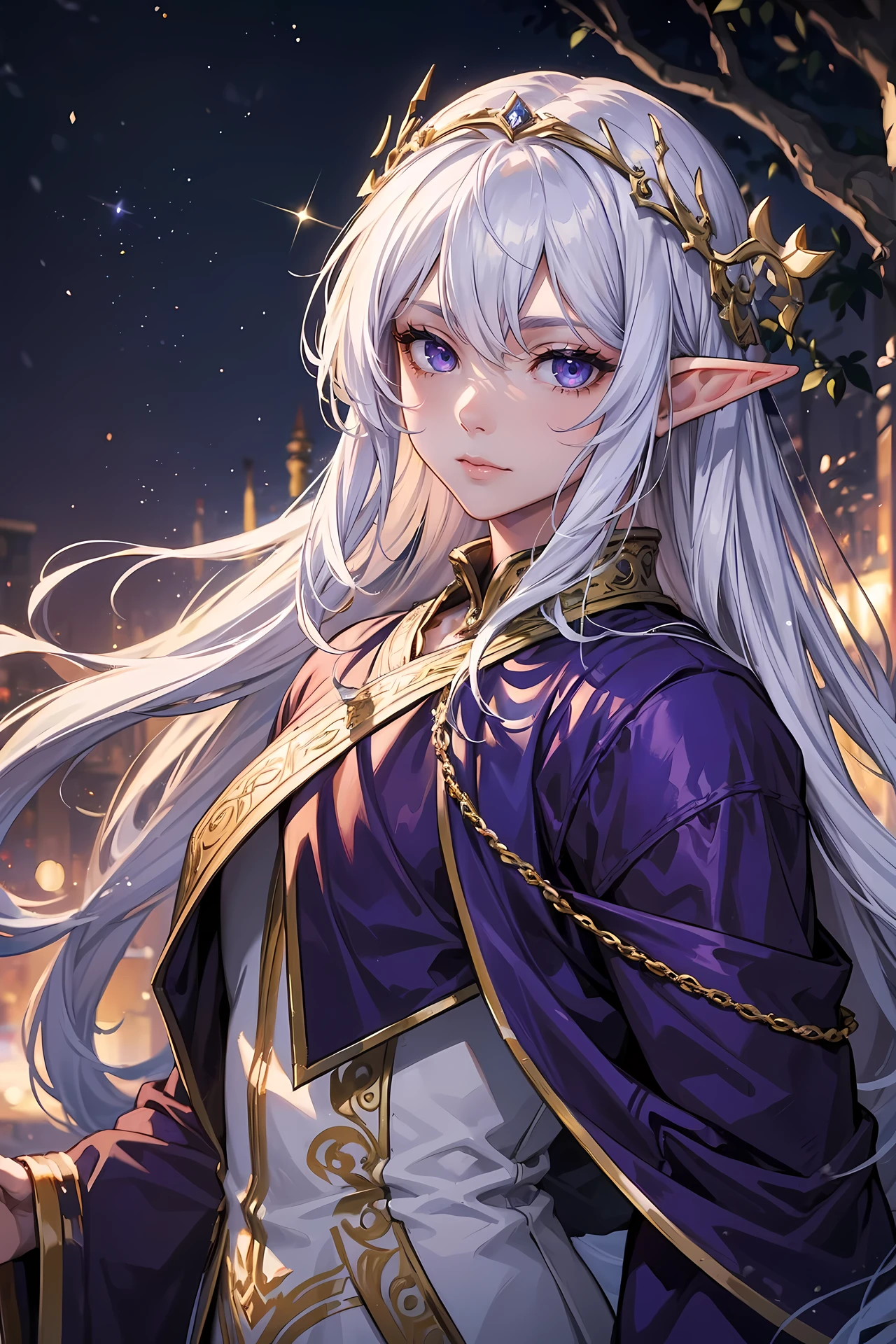 (Masterpiece, 8k, ultra detailed), 1guy, Create a portrait of a gorgeous Elf King, long white hair, purple eyes, bokeh, glimmer,
