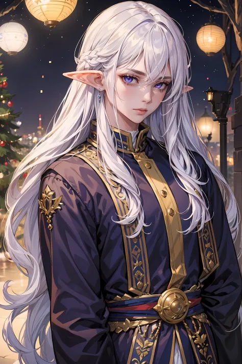 (Masterpiece, 8k, ultra detailed), 1guy, Create a portrait of a gorgeous Elf King, long white hair, purple eyes, bokeh, glimmer,...