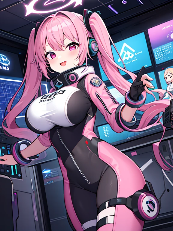 very detailed、masterpiece、high quality、one high school girl、12 years old、Loli、(white and pink space suit)、front zipper、(Futuristic, Tight Fit Bodysuit)、headphone、Cyberpunk space station interior background、(colorful pink hair),ロングtwin tails, (pink eyes), change,twin tails,sassy change，cheey change，mesugaki,girl,天才girl、(big breast):1.0,(blush):1.1、halo、