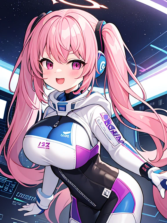 very detailed、masterpiece、high quality、one high school girl、12 years old、Loli、(white and pink space suit)、front zipper、(Futuristic, Tight Fit Bodysuit)、headphone、Cyberpunk space station interior background、(colorful pink hair),ロングtwin tails, (pink eyes), change,twin tails,sassy change，cheey change，mesugaki,girl,天才girl、(big breast):1.0,(blush):1.1、halo、