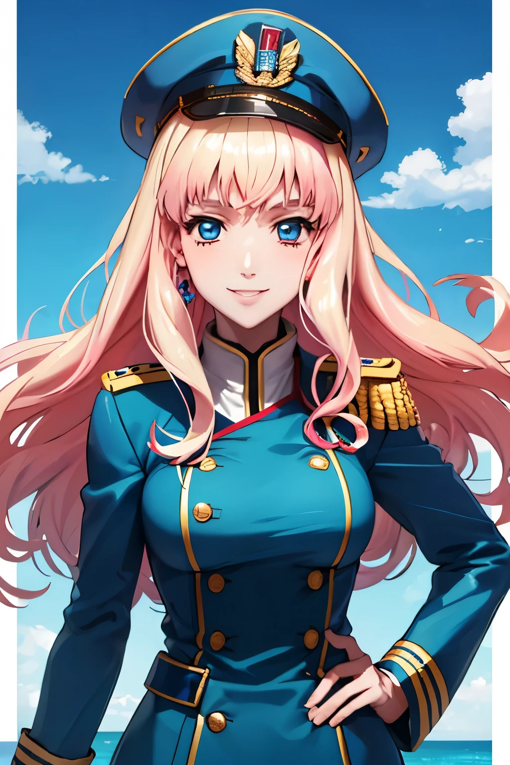 master piece, best quality, ultra high resolution, highest quality, anime調, best writing, beautiful face, (anime:1.1), highest quality, masterpiece,
1 girl, sherly nome, colorful hair, blonde hair, pink hair, gradient hair long hair, medium breasts, blue eyes, mature woman,  looking at the viewer, smile, upper body, (blue military uniform:1.3), (blue hat:1.3), Background blue sky, sea background