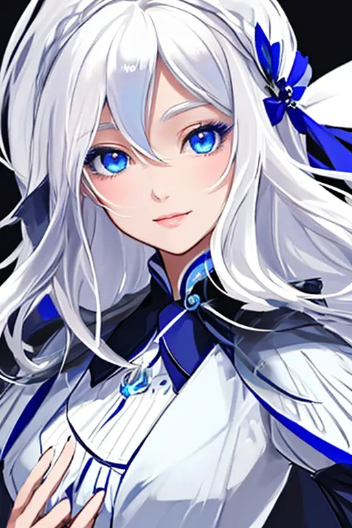 "create a highly detailed and beautiful anime image of a solo girl with white hair and blue eyes, wearing a stylish and elegant ...