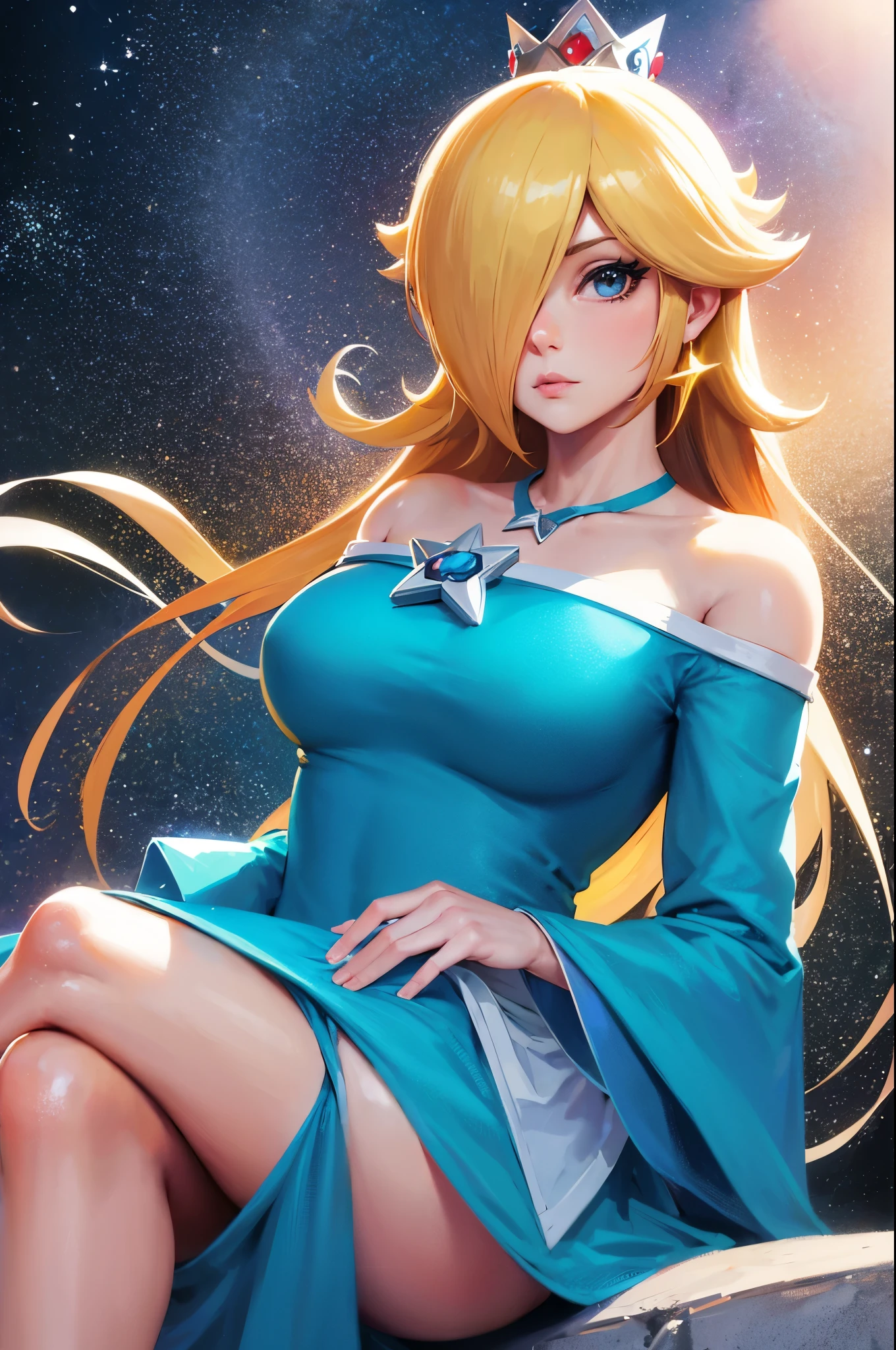 (masterpiece), best quality, expressive eyes, perfect face, highres, 1 girl, solo, rosalina, blonde hair, blue eyes, hair over one eye, long hair, blue dress, crown, dress, earrings, jewelry, princess, robe, bare shoulders, crossed legs, star earrings, space, starry background, glowing particles, good illumination, sitting, portrait, looking at the viewer