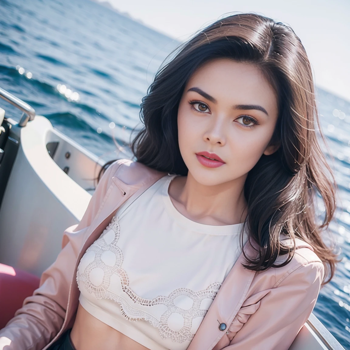 gorgeous cute Austrian girl, (crop top), black hair loose hair, wears a pink top , pink boots, white fluffy clothes, short skirt and long jacket , siting on boat in middle of sea , perfectly symmetrical face, realistic detailed skin, 4k , HDR, hard shadows, art photography, sharp focus, masterpiece, breathtaking, atmospheric perspective, diffusion, pore correlation, skin imperfections, 80mm Sigma f2, depth of field, intricate natural lighting