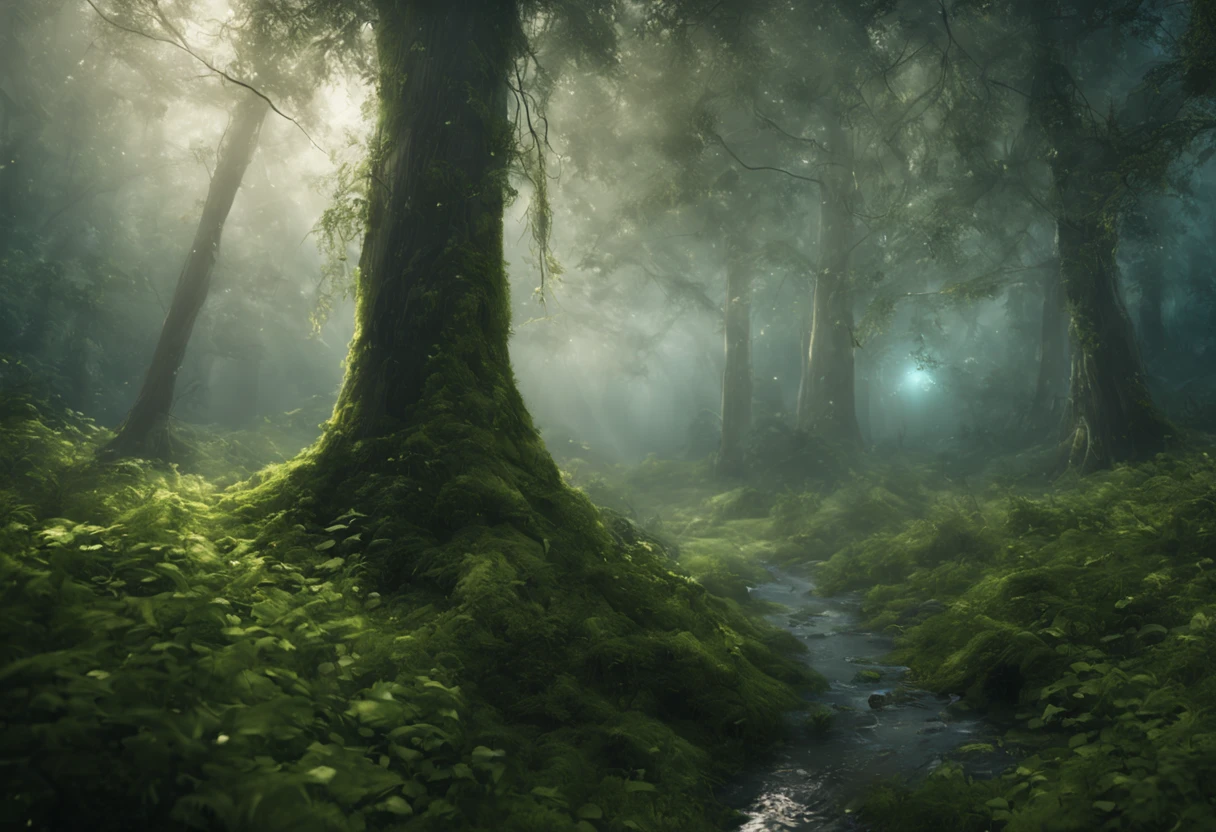 Generate a hyper-realistic 8K wallpaper featuring a mystical and enchanting artwork of a rainy forest, where the raindrops glisten like diamonds amidst the emerald foliage. Capture the ethereal beauty of the forest, with misty tendrils of fog weaving through ancient trees, and the soft, mysterious glow of fireflies illuminating the scene. Let the atmosphere be filled with a sense of magic and wonder, as if the forest holds secrets waiting to be discovered, 8K details, realistic details
