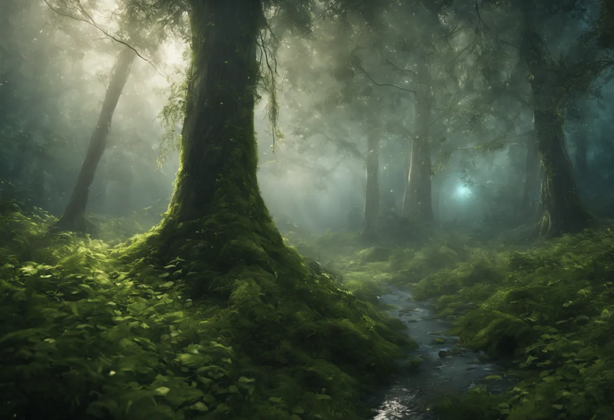 generate a hyper-realistic 8k wallpaper featuring a mystical and enchanting artwork of a rainy forest, where the raindrops glist...