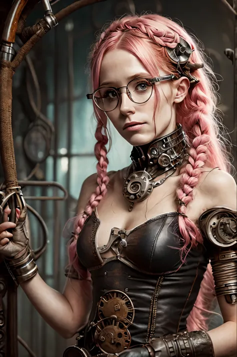 (realisttic:1.2), analog photo style, beautiful elf woman, posing, with freckles and glasses and long pink hair braided, (steamp...