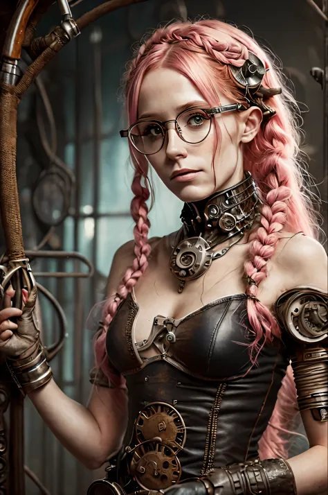 (Realistic:1.2), Analog Photography Style, beautiful elf woman, posing, with freckles, with glasses and long pink hair, braided....
