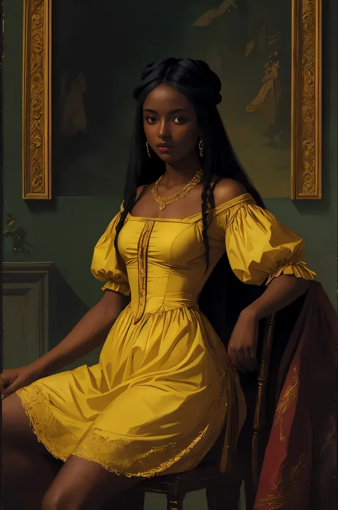 Beautiful woman with dark skin in a yellow dress, Renaissance style, inspired by Vasily Vereshchagin