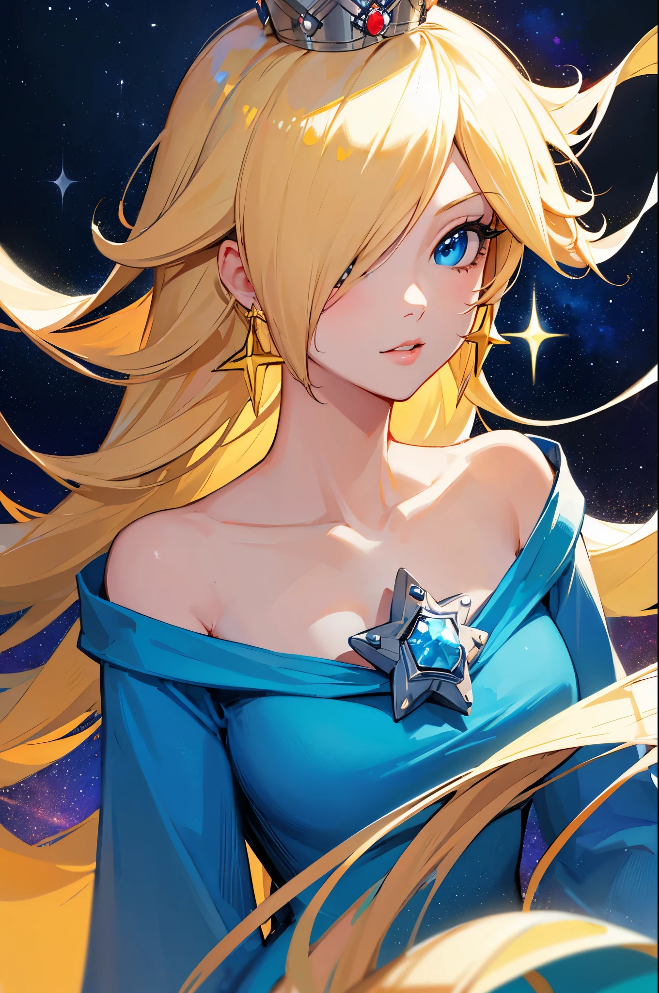 (face portrait),(masterpiece), best quality, expressive eyes, perfect face, highres, 1 girl, solo, rosalina, blonde hair, blue eyes, hair over one eye, long hair, blue dress, crown, dress, earrings, jewelry, princess, robe, bare shoulders, star earrings, space, starry background, glowing particles, good illumination, upper body portrait, looking at the viewer, from frontal
