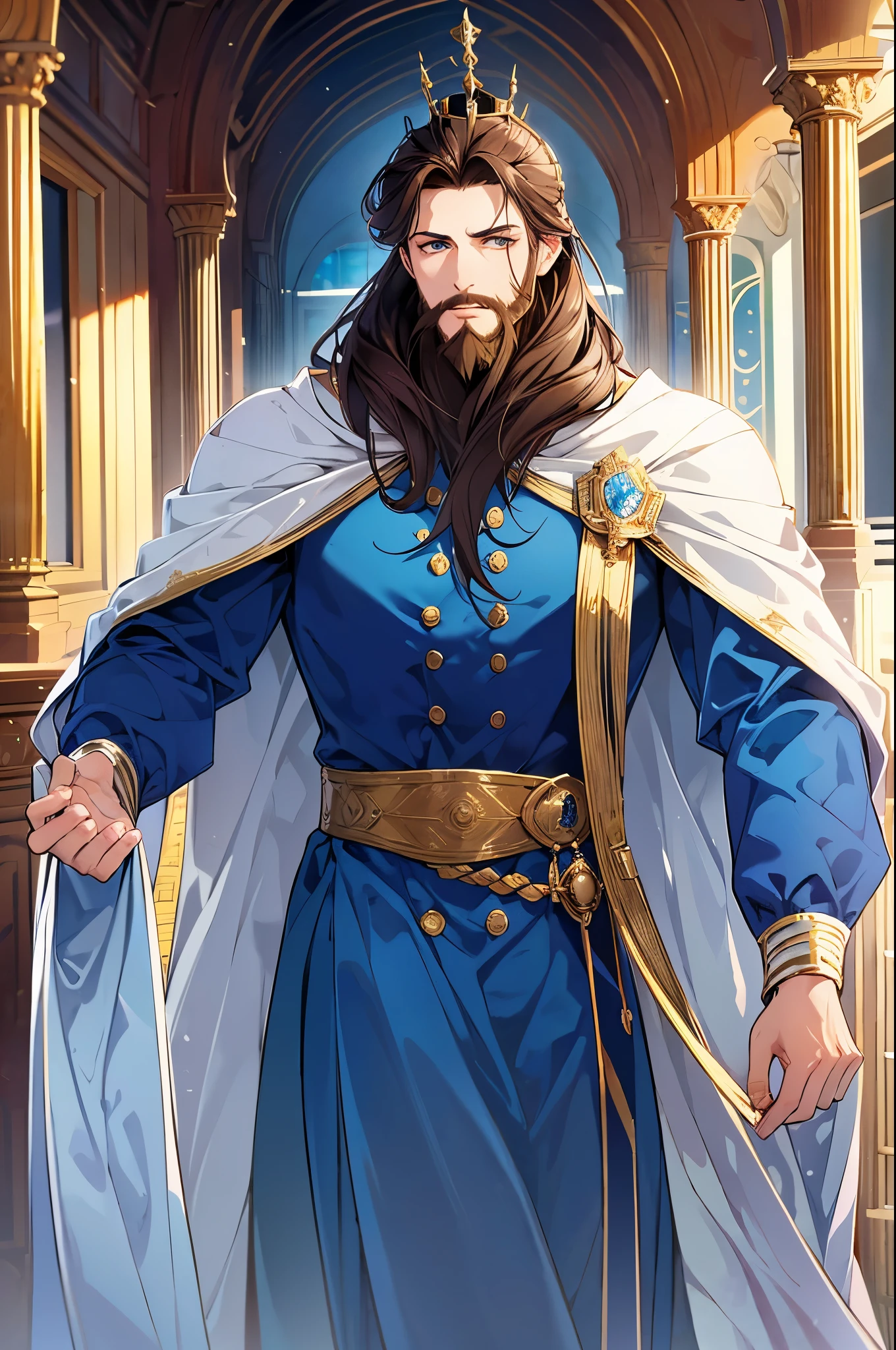 1man, blue robes, brown hair, beard, crown, standing on ground, high res, ultra sharp, 8K, masterpiece