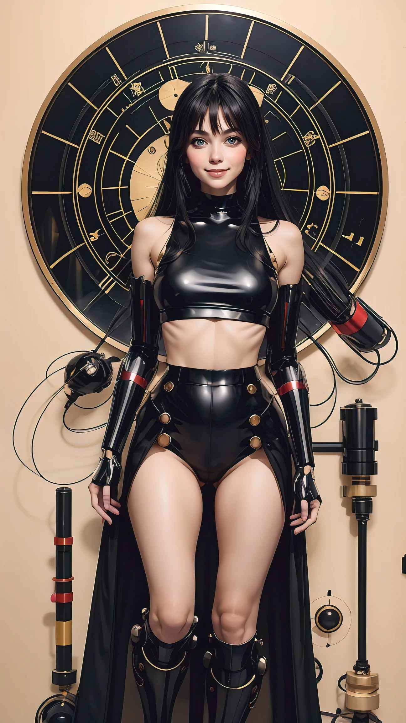 tiro de corpo inteiro ,moda, Surreal, Mulher japonesa vestindo um top preto curto, grandes olhos castanhos , corpo misturado com um robô, cabelo preto muito comprido ,anime ,