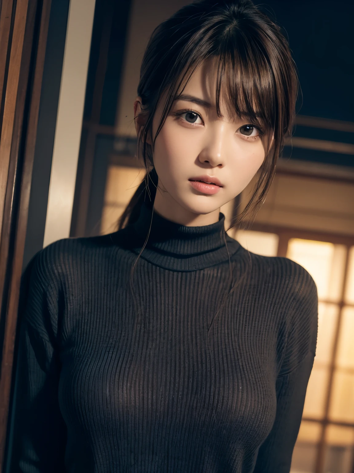 masterpiece、1 beautiful girl、detailed eye、puffy eyes、highest quality, Super high resolution, (reality: 1.4), movie lighting、asian beauty、Korean、Super beautiful、beautiful skin、Slender、body facing forward、(surreal)、(High resolution)、(8K)、(very detailed)、(beautiful detailed eyes)、(super detailed)、 (wall-)、detailed face、bright lighting、professional lighting、looking at the viewer、look straight ahead、Gray knitwear、slanted bangs、night scene、brown hair、19 years old、expensive,