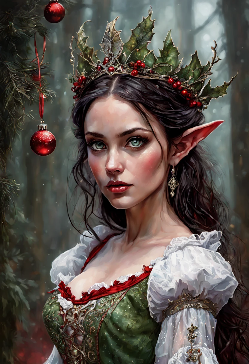 Beautiful Long-ears elf queen green eyes in red- white Christmas dress , enchanted forest background, dark hair, fantasy, intricate details, hyper detailed, Jean Baptiste Monge, Carne Griffiths, Michael Garmash, seb McKinnon, masterpiece