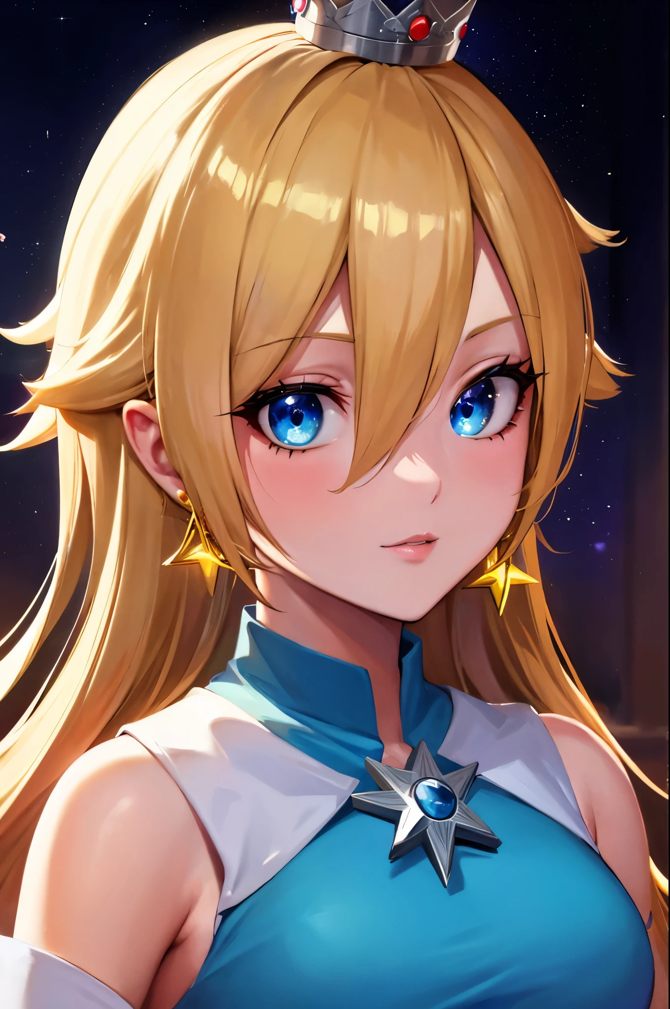 (Gesichtsporträt),(Meisterwerk), beste Qualität, ausdrucksstarke Augen, perfektes Gesicht, highres, 1 Mädchen, Allein, Rosalina, Blondes Haar, blaue Augen, Haare über einem Auge, lange Haare, blue Kleid, Krone, Kleid, Ohrringe, Schmuck, Prinzessin, robe, nackten Schultern, star Ohrringe, Raum, Sternenhimmel Hintergrund, glühende Partikel, gute Ausleuchtung, Oberkörperporträt, den Betrachter anschauen, von vorne
