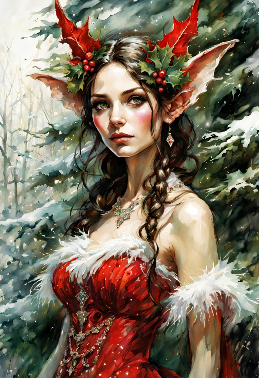 Beautiful Long-ears elf queen green eyes in red- white Christmas dress , enchanted forest background, dark hair, fantasy, intricate details, hyper detailed, Jean Baptiste Monge, Carne Griffiths, Michael Garmash, seb McKinnon, masterpiece