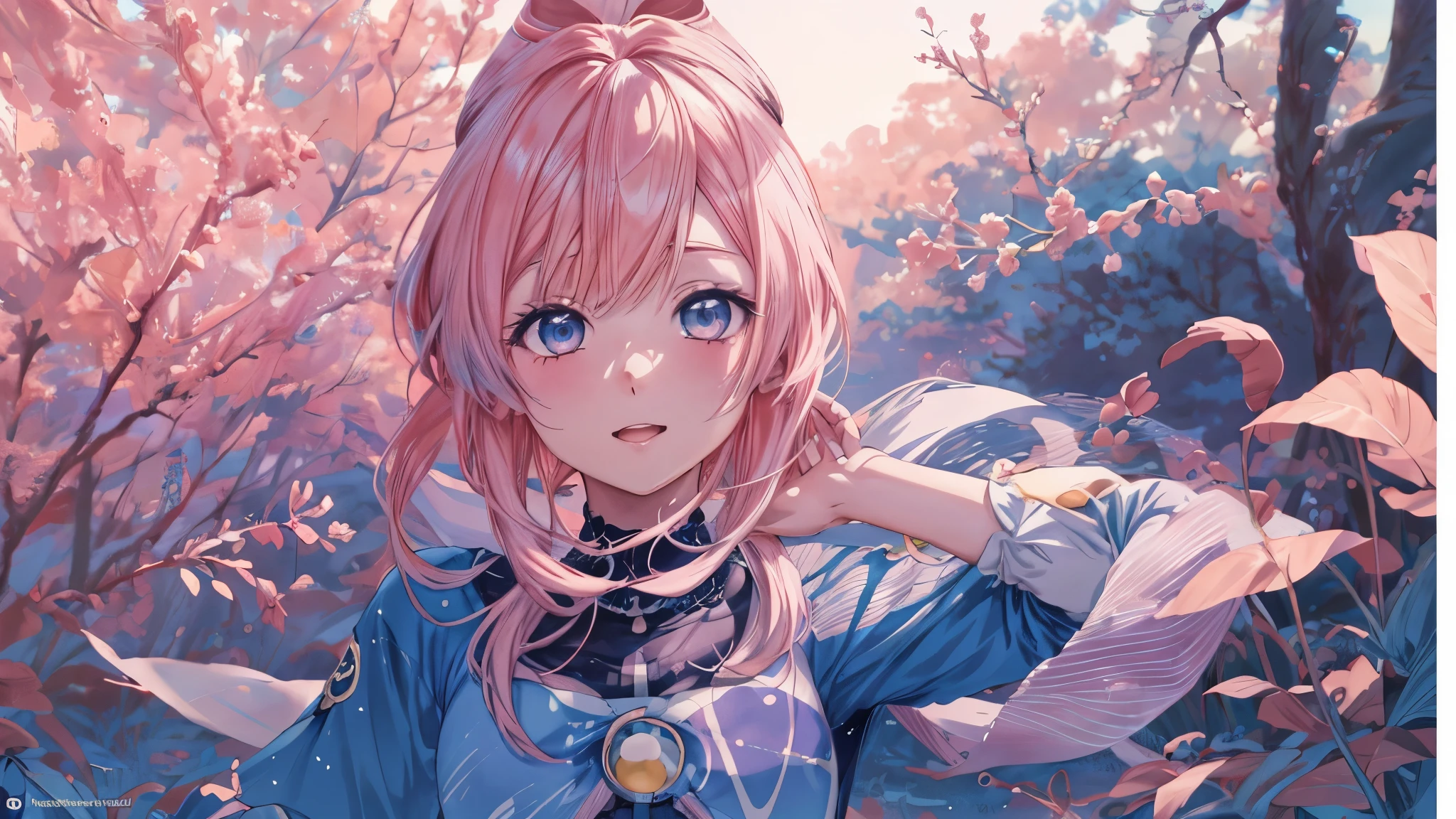 anime girl with pink hair and blue eyes standing in front of a tree, estilo anime 4k, Fondo de pantalla de arte anime 4K, Fondo de pantalla de arte anime 4k, arte de anime digital detallado, hermoso retrato animado, fondo de pantalla de arte anime 8 k, hermosas ilustraciones de anime, fondo de pantalla animado 4k, Fondo de pantalla animado 4K, anime fantasy illustration., anime fantasy illustrations, retrato detallado de chica anime