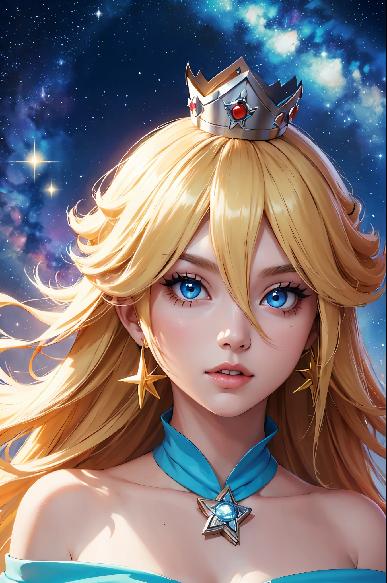 (face portrait),(masterpiece), best quality, expressive eyes, perfect face, highres, 1 girl, solo, rosalina, blonde hair, blue eyes, hair over one eye, long hair, blue dress, crown, dress, earrings, jewelry, princess, robe, bare shoulders, star earrings, space, starry background, glowing particles, good illumination, upper body portrait, looking at the viewer, from frontal
