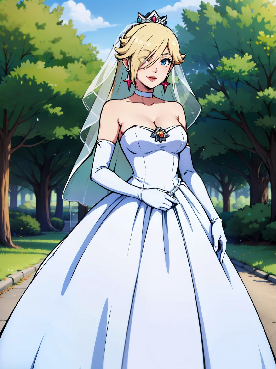 1girl, solo ,rosalina, crown,earrings ,lipstick, eye shadow, makeup, hair between eyes, ahoge, hair ornament, gloves, dress, cleavage, bare shoulders, collarbone, white oprea gloves, white gloves, white dress, strapless, white choker, tiara, veil, strapless dress, wedding dress, bridal veil, beautiful woman, perfect body, perfect breasts, wearing a wedding dress, ball gown, in the park trees, wedding decorations, looking at the viewer,  smile, realism, masterpiece, textured skin, super detail, high detail, high quality, best quality, 1080p,