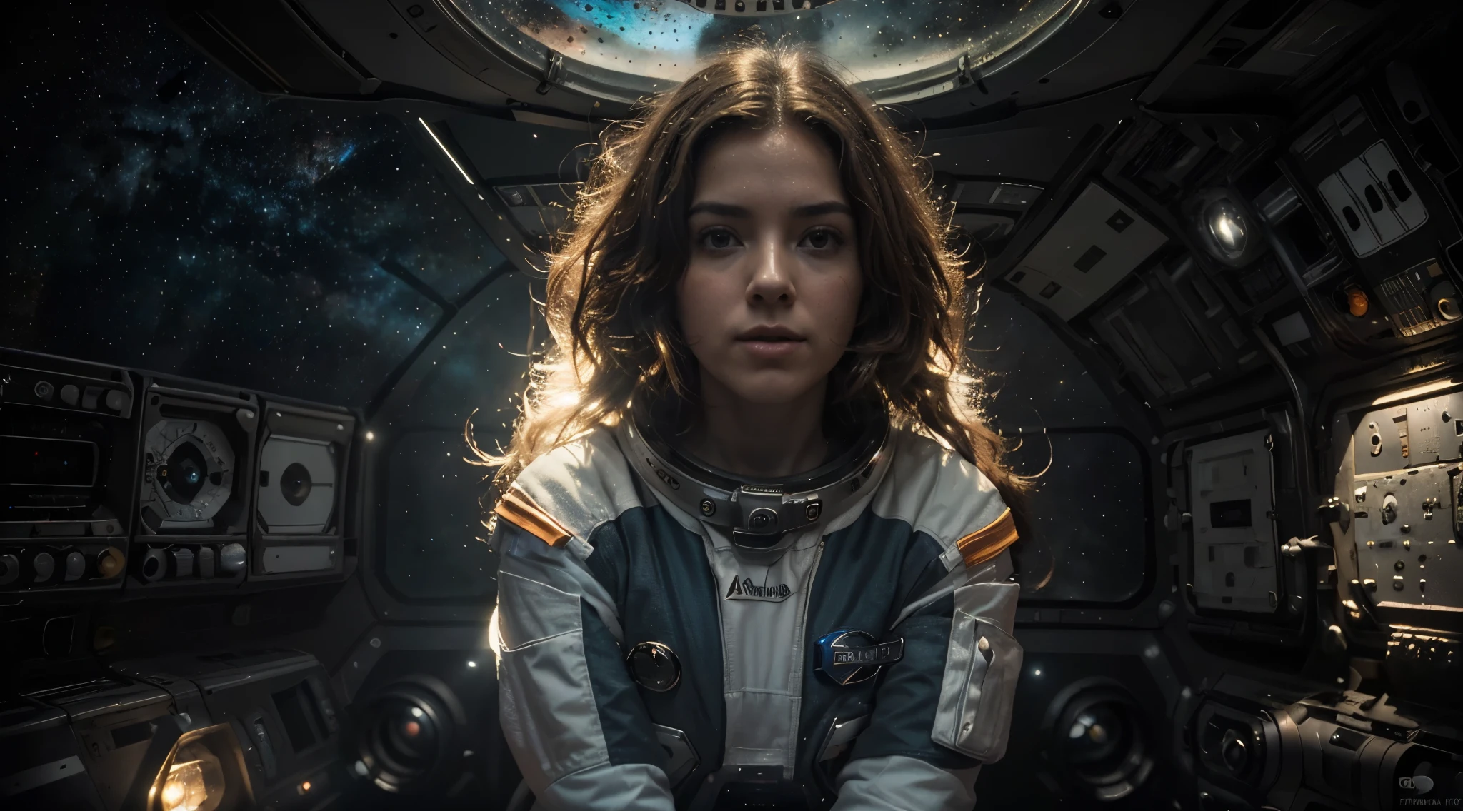 Toma de la astronauta a distancia, ((retrato de cuerpo completo)), ((toma de camara desde atras de la mujer)), a beautiful 24 year old brunette woman, ((In a spacesuit inside a space station)), ((se ve ingravida dentro de la nave espacial)), pelo largo flotando en el interior de la nave espacial, Cabello a la deriva en gravedad cero., piernas abiertas, frente al espectador, View of dark outer space and planet Earth in the window of the space station, ((vistiendo traje espacial ajustado de color rojo y balnco)), 4k extremely fotorrealista, uhd 4k highly detallado, ((ethereal lighting, ultra high resolution.fotorrealista:.1.4, (high detallado skin:1.2), 8k UHD, digital slr camera, alta calidad, film grain, Fujifilm XT3,(obra maestra) (Mejor calidad) (detallado) (cinematic lighting) (Sharp focus) (intrincado)